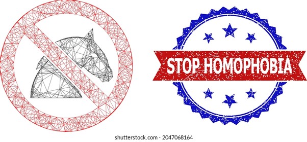 Network stop horse carcass icon, and bicolor rubber Stop Homophobia watermark. Flat structure created from stop horse symbol and crossed lines. Vector watermark with grunge bicolored style,