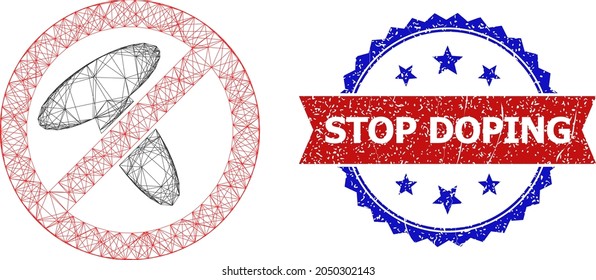 Network stop mushroom carcass icon, and bicolor unclean Stop Doping stamp. Flat mesh created from stop mushroom icon and crossing lines. Vector watermark with corroded bicolored style,