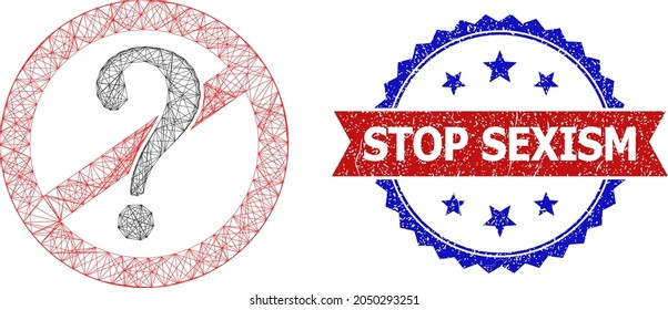Network stop questions model icon, and bicolor textured Stop Sexism stamp. Flat model created from stop questions icon and crossing lines. Vector seal with retro bicolored style,
