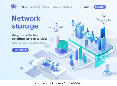 Isometometrische Landungsseite des Netzspeichers. Datenbankspeicherdienst, moderne Hosting- und Backup-Technologie. Vorlage für Rechenzentren für CMS und Website Builder. Ich habe eine Szene mit Menschen Charaktere.