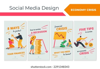 Network story banner set for economy crisis guide. Tiny flat man woman character with big money coins, vector illustration. Recession diagram at social media post, banking tips