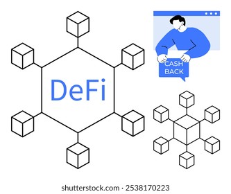 Netzwerkstruktur, die Würfel verbindet, blauer DeFi-Text und Figur, die ein Bargeldabzeichen hält. Ideal für Finanztechnologie, Blockchain, digitale Ressourcen, dezentrale Netzwerke, Fintech-Bildung. Minimalistin