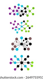 Network Structure Illustrations: Four Separate Colorful Node and Edge Diagrams Forming Unique Patterns, Representing Digital Connections, Communication, and Data Visualization