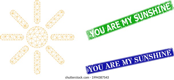 Network sunshine image, and You Are My Sunshine blue and green rectangular scratched stamps. Mesh wireframe image designed with sunshine pictogram.