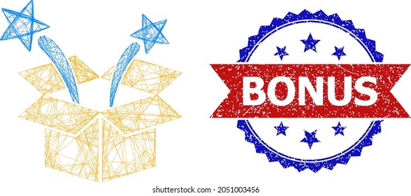 Network surprize box carcass icon, and bicolor dirty Bonus seal stamp. Flat carcass created from surprize box icon and crossing lines. Vector seal with grunge bicolored style,
