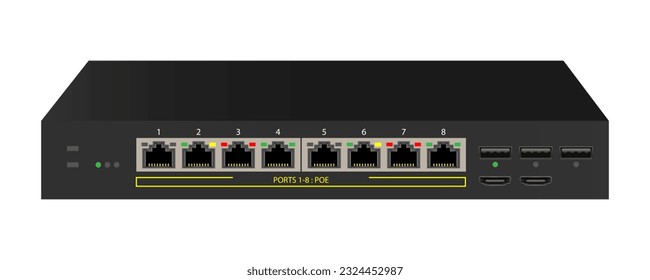 Network Switch. The ethernet switch with 8 ports, POE Port, Port. Vector illustration.