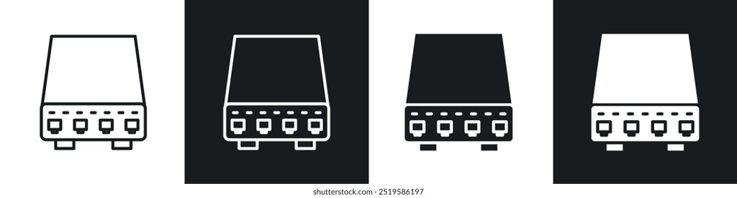 Network switch icon collection in black and white filled and stroke line style.