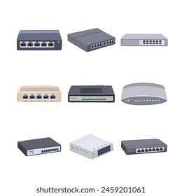 network switch set cartoon. router firewall, traffic data, connectivity management network switch sign. isolated symbol vector illustration