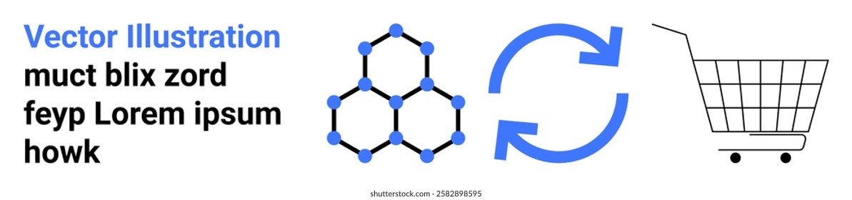 Network symbols, sync arrows, and a shopping cart represent digital connectivity, transaction processes, and e-commerce. Ideal for tech, commerce, innovation, networking, and technology. Banner