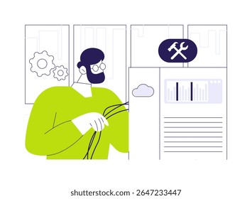 Ilustração de vetor de conceito abstrato do administrador do sistema de rede. Profissional sysadmin lida com manutenção de hardware, administrador de rede, tecnologia de TI, processo de computação metáfora abstrata.