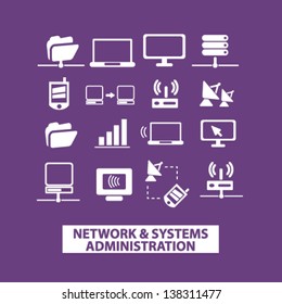network, systems, computer organization, connection icons, signs set, vector