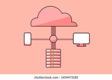 Network systems with could, sever, mobile and computer. Sharing data technology with flat vector design. High speed Transferred information.