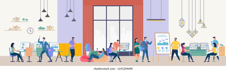 Network and Teamwork Concept. Communication systems, Digital Technologies and Crowdsourcing. Networking People Set. Office Flipchat and Messaging. People Work in Office. Flat Vector Illustration.