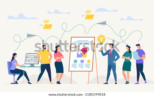 Network and Teamwork Concept. Communication\
systems, Digital Technologies and Crowdsourcing. Networking People\
Set. Office Flipchat and Messaging. People Work in Office. Flat\
Vector Illustration.
