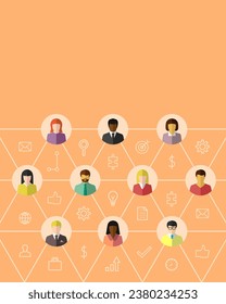 Network or teamwork concept with diverse business people and icons in flat design. Group organization, corporate team connected by thin lines as connection symbol. Infographic, icon set, copy space.