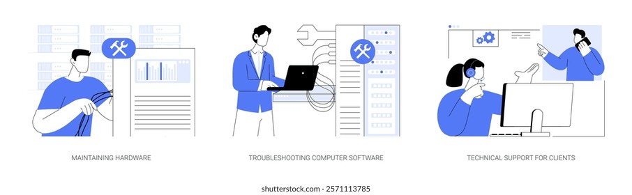 Network technician isolated cartoon vector illustrations set. Concentrated network technician checking hardware, troubleshooting computer software, technical client support vector cartoon.