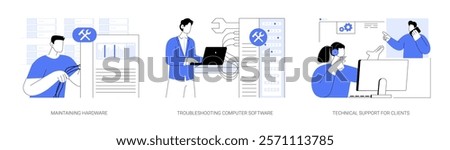 Network technician isolated cartoon vector illustrations set. Concentrated network technician checking hardware, troubleshooting computer software, technical client support vector cartoon.
