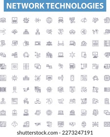 Network technologies line icons, signs set. Networking, Technologies, LAN, WAN, Routers, Switches, Bridges, Modems, Client Server outline vector illustrations.