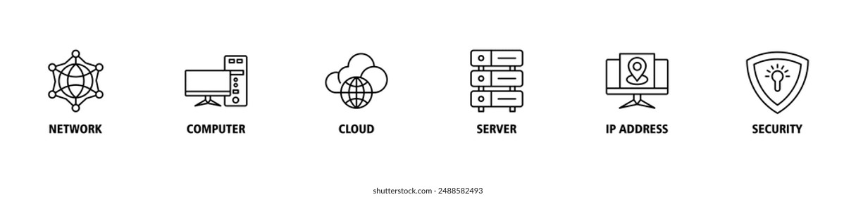 Icono de Web de Anuncio de tecnología de red conjunto de símbolos de Vector concepto de ilustración con icono de red, computadora, nube, servidor, Dirección ip y seguridad