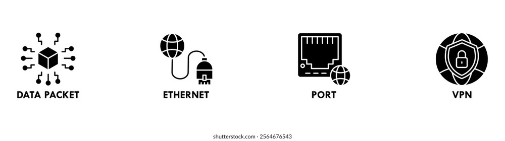 Network Technology banner web icon illustration concept with icon of data packet, ethernet, port, and vpn