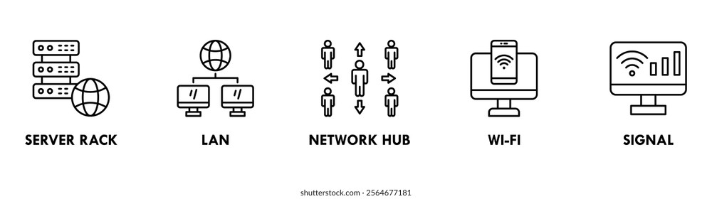 Network Technology banner web icon illustration concept with icon of server rack, LAN, network hub, wi-fi, and signal