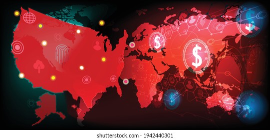 Network Technology And China Map.China Map Trade War Economy Conflict Tax Business Finance Money.stock Market,money.exchange,business,crisis,money,Vector Modern Technology And Financial Concept.