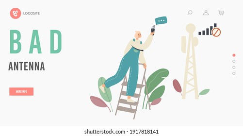 Network Technology Error, No Wi-fi Signal Landing Page Template. Female Character Climb on Ladder Catch Signal from Transmitting Tower for Smartphone Internet Connection. Cartoon Vector Illustration