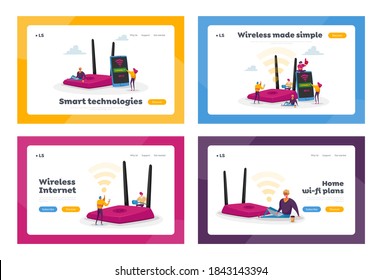 Network Technology, Free Wi-fi Hotspot Landing Page Template Set. Tiny Characters at Huge Router use Internet on Laptop and Smartphone via Wifi Wireless Connection. Cartoon People Vector Illustration