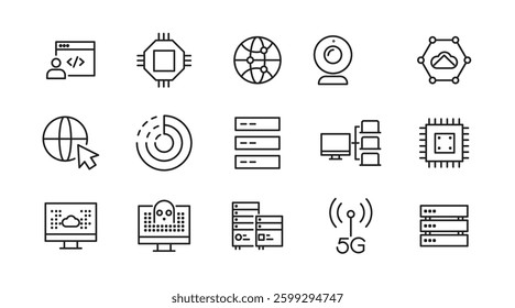 Network Technology icon set. Network and Internet, smart home, control, system, technology, alarm, surveillance, lock, computer, wifi, communication line icon set. UI thin line icon pack.