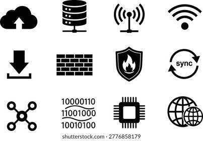 Network technology icons collection with digital communication and system symbols