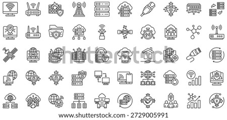 Network Technology icons collection. Vector illustration. Wi-Fi Signal, Cloud Computing, Router, Server Rack, Ethernet Cable, 5G Tower, Firewall, Network Switch, VPN Shield. Pro Vector	
