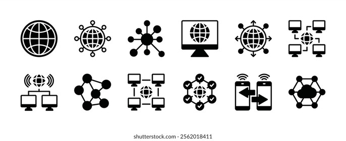 Network technology icons set. Containing internet, computer, cyberspace, global connection, database, communication, server, cloud computing, device, digital, wireless. Vector illustration