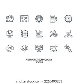 Netzwerk-Technologie-Symbole gesetzt. Symbol-Vektorelemente für Netzwerktechnologie-Paket für Infografiken