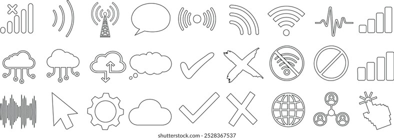 Network technology icons, WiFi, cloud upload, signal strength, communication, and settings. Perfect for technology, digital communication, internet connection, and data transfer visuals