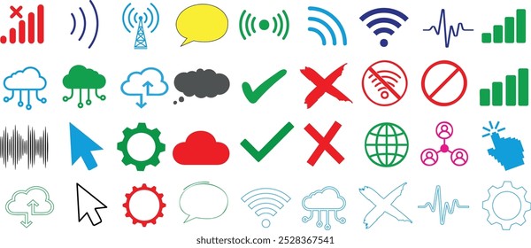 Network technology icons, WiFi, cloud upload, signal strength, communication, and settings. Perfect for technology, digital communication, internet connection, and data transfer visuals