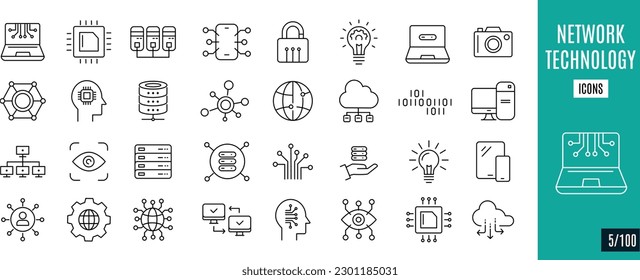 Network and technology line icons. System, processing, innovation,...