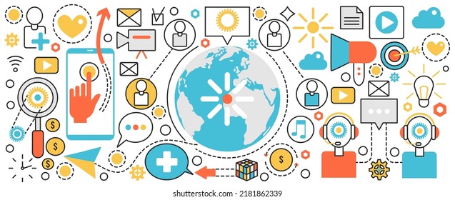 Tecnología de red en el mapa mundial de la Tierra. Resumen de comunicación global, proceso creativo de negocios entre contactos y usuarios de medios sociales, ciberespacio en banner de concepto infográfico, diseño de arte de línea delgada