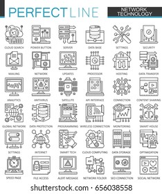 Símbolos de concepto de esquema de tecnología de red. Iconos de línea delgada perfectos. Datos importantes Conjunto de ilustraciones de estilo lineal de trazo moderno.