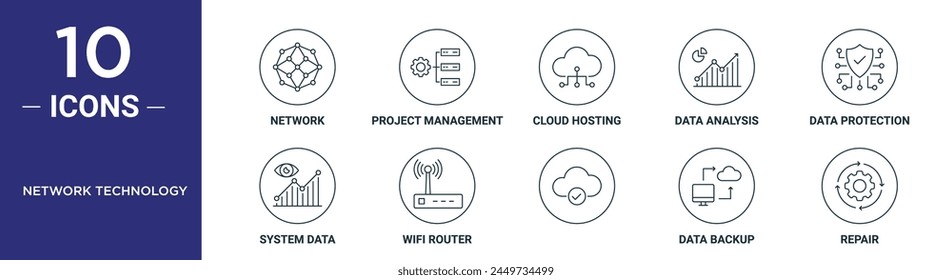 network technology outline icon set includes thin line network, project management, cloud hosting, data analysis, data protection, system data, wifi router icons for report, presentation, diagram,