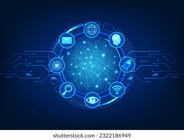 El procesador de tecnología de red junto con los círculos tecnológicos con iconos de tecnología reúne información de redes de Internet de todo el mundo para procesar y pasar los datos que se van a mostrar