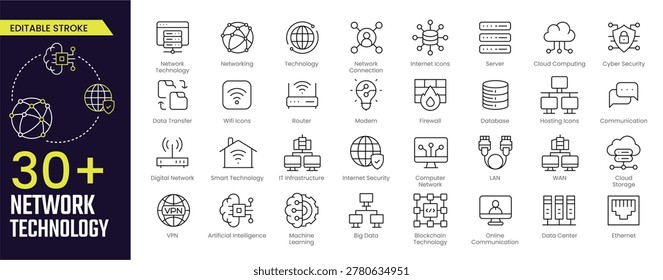 Network Technology Stroke icon collections. Containing network, technology, internet, web, wifi, cloud, server, data, computer, communication, and digital icons. Editable Stroke icon collection Outline icon