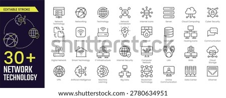 Network Technology Stroke icon collections. Containing network, technology, internet, web, wifi, cloud, server, data, computer, communication, and digital icons. Editable Stroke icon collection Outline icon