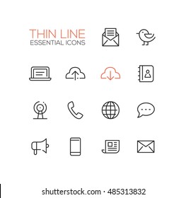 Network and technology symbols - set of modern vector thin line design icons and pictograms. Mail, cloud, laptop, contacts, location, phone, message, promote, smartphone, newsletter letter globe