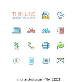 Network and technology symbols - set of modern vector thick line design icons and pictograms. Mail, cloud, laptop, contacts, location, phone, message, promote, smartphone, newsletter letter globe