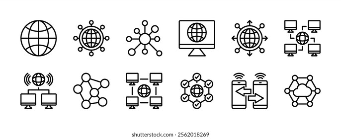 Network technology thin line icon set. Containing internet, computer, cyberspace, global connection, database, communication, server, cloud computing, device, digital, wireless. Vector illustration