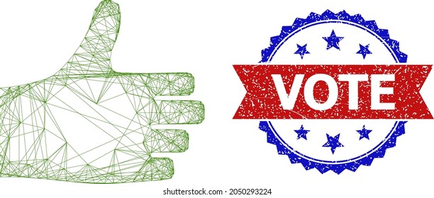 Network thumb up carcass icon, and bicolor rubber Vote seal. Flat mesh created from thumb up icon and crossed lines. Vector seal with distress bicolored style,