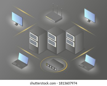 Network topology connection channels between computers isometric vector concept