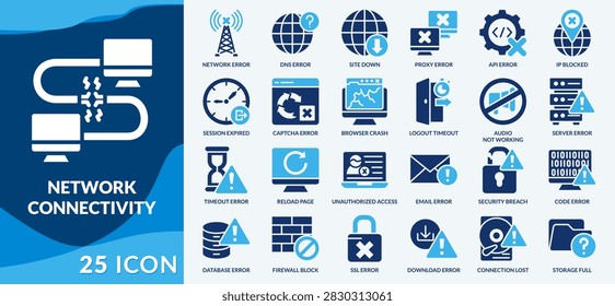 Network troubleshooting collection covering connectivity, servers, DNS, proxies, APIs, outages, security, and digital infrastructure Fill web set Icon Style