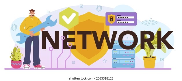 Network typographic header. Specialist setting up, developing and maintaining computer networks. Administrator working in data center. Flat vector illustration