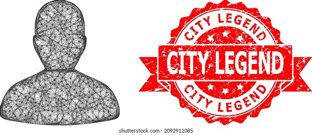 Network user icon, and City Legend rubber ribbon stamp seal. Red stamp seal includes City Legend title inside ribbon.Geometric linear carcass flat network based on user icon,